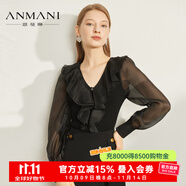 恩曼琳（ANMANI）23春季新款荷葉邊V領(lǐng)針織衫拼接黑色上衣EANDAB16 黑色 S