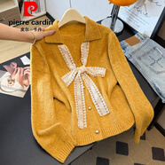 皮爾卡丹（pierre cardin）蕾絲蝴蝶結系帶翻領毛衣上衣秋季2025新款大碼女裝胖mm長袖針織衫 黃色【今年流行/設計感小眾/冷淡系感/別致官方旗艦 M 【90斤以下】