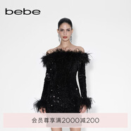 bebe冬季系列女士時尚純色一字領(lǐng)毛毛亮片長袖連衣裙450009 黑色 XS