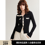 ELLE黑白撞色喇叭袖休閑毛針織衫女2024秋季新款修身顯瘦毛衣開衫 黑色 S