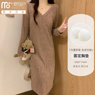 莫代爾秋季帶胸墊睡裙女士春秋長(cháng)袖坑條棉布性感純欲風(fēng)秋冬睡衣裙可外穿 長(cháng)袖裙 1316 咖啡色 v領(lǐng) M 80-100斤