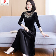 皮爾卡丹（pierre cardin）春秋冬半高領(lǐng)絲絨連衣裙女長(cháng)袖2026新款大尺碼氣質(zhì)顯瘦蕾絲長(cháng)款裙 黑色 L 105-120斤
