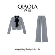 喬拉日出時分秋冬新款小香風(fēng)絲絨綁帶灰色外套長褲時尚套裝女 灰色套裝 M M