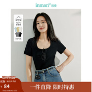 茵曼（INMAN）撞色羅紋棉女裝U領(lǐng)短袖T恤修身氣質(zhì)通勤2025夏季新款短款上衣 黑色 -18518134 M