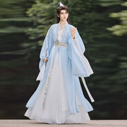 麗紗蓓兒魏晉風(fēng)交領(lǐng)漢服男傾依·辰星白羽新款中國(guó)俠客袍演出服 白羽淡藍(lán)色五上衣+裙子+外衣+外 S 均碼