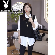 花花公子（PLAYBOY）疊穿神器不規則下擺休閑寬松顯瘦針織馬甲女簡(jiǎn)約背心毛衣秋冬新款 黑色 均碼 的 80-140斤可穿