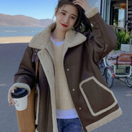 AEMAPE咖啡色羊羔毛外套女冬季2025新款加絨加厚皮毛一體機車(chē)服PU皮夾克 咖啡色 M