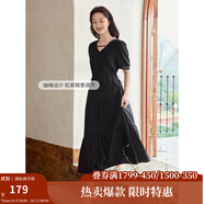 茵曼（INMAN）法式薄荷曼波連衣裙2024夏女裝新品V領(lǐng)燈籠袖抽繩 午夜黑 XL