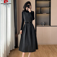 皮爾卡丹小香風(fēng)波點(diǎn)毛呢背心連衣裙兩件套女秋冬新款法式復古打底長(cháng)裙套裝 單裙子 配腰帶 S