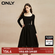ONLY時尚復古U領高腰長袖中長款連衣裙女|123107041 E39 黑美人 M (165) 84A