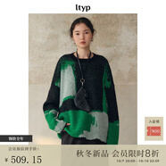 旅途原品（ltyp）羊毛馬海毛幾何撞色提花毛衣/開衫寬松針織衫女秋季 套頭毛衣-幻彩綠 L
