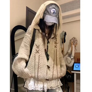 風(fēng)采兔美式復古連帽牛角扣麻花針織開(kāi)衫女秋冬新款寬松慵懶風(fēng)毛衣外套潮 卡其色 均碼