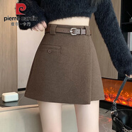 皮爾卡丹加厚不規則毛呢半身裙女秋冬小個(gè)子高腰A字半截裙美拉德穿搭短裙 棕色 S