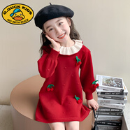 G.duck女童櫻桃針織毛衣裙子春秋冬款2025新款兒童秋季女寶寶秋裝洋裝 紅 120