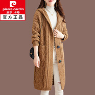 皮爾卡丹（pierre cardin）寬松加厚毛衣外套女2025秋冬中長新款連帽粗線羊毛針織開衫女裝新 黃駝 L