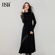 歐莎長(cháng)袖黑色連衣裙女2025冬季新款氣質(zhì)高級感內搭長(cháng)裙