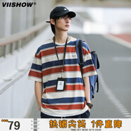 viishowcityboy撞色條紋情侶短t短袖T恤男春夏新款日系寬松t 紅藍(lán)條紋 XXXL