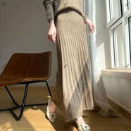 純羊毛半身裙女秋冬中長(cháng)款高腰顯瘦百褶包臀裙氣質(zhì)百搭針織大擺裙 紫絨駝 M M