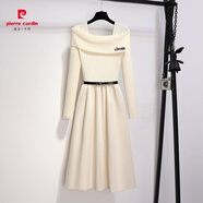 皮爾卡丹法式一字肩針織連衣裙女春秋2025新款冬天配大衣內搭裙打底毛衣裙 杏【送腰帶】 M 建議96-105斤