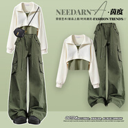 錦人初韓國風(fēng)格全套服裝學(xué)院風(fēng)運動(dòng)衫套裝2025早秋和時(shí)髦的工作褲的女人 兩件套上衣+軍綠工裝褲【秋套裝女2025新款/立秋 均碼 S