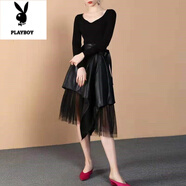 花花公子秋冬新款2025pu皮裙半身裙不規則網(wǎng)紗拼接超火性感a字裙百褶裙潮 黑色 2XL