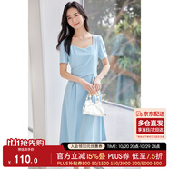 尚都比拉輕職場連衣裙女夏季收腰中長裙泡泡袖裙子 淺藍色152L80063  L