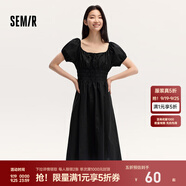 森馬連衣裙女溫柔氣質(zhì)白月光24夏季法式方領(lǐng)收腰中長裙清新 黑色90001 M