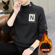 花花公子（PLAYBOY）衛衣男秋冬季加絨加厚長(cháng)袖t恤刺繡字母潮流圓領(lǐng)保暖上衣春季體恤 黑色 M