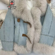 AEMAPE韓系毛領(lǐng)藍色牛仔短外套女2025冬季夾絨加厚保暖仿皮草毛絨大衣 藍色毛領(lǐng)灰【羽絨棉內膽】 L -105-115斤