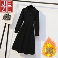 JEZE大碼女裝長(zhǎng)款衛(wèi)衣裙春秋款胖mm法式收腰遮肚子氣質(zhì)連衣裙2-140斤 黑色加絨 M 80斤-100斤