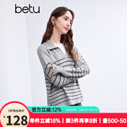 百圖betu女裝冬季新款毛衣復古感燈籠袖色織條紋寬松毛衫2411T42 灰色 M