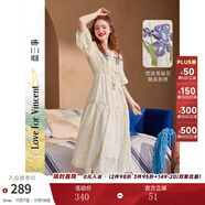 兩三事度假風法式連衣裙女茶歇24夏季復古刺繡方領短袖裙子嗜好冷鳶 米杏色 M