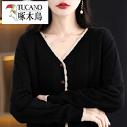 啄木鳥（TUCANO）棉線V領(lǐng)針織開衫外套女春秋季短款寬松長袖拼色毛衣全棉外搭上衣 黑色 均碼