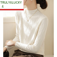 TRULY&LUCKY褶皺半高領(lǐng)白色打底衫女春秋小香風(fēng)內搭中領(lǐng)針織衫半身裙配的上衣 米白色 M