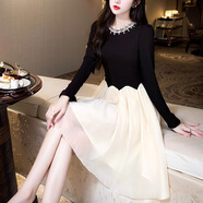 木清清名媛小香風(fēng)撞色復古泡泡袖拼接蓬蓬擺釘鉆連衣裙2025秋新款中長(cháng)裙 黑色 L 建議105-115斤