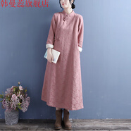 韓曼蕊秋冬棉麻提花加絨連衣裙復古盤(pán)扣改良旗袍長(cháng)袖民族風(fēng)禪意長(cháng)裙 肉粉蝴蝶裝飾盤(pán)扣加絨連衣裙 均碼