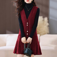 花九卿毛呢背心裙秋冬款大碼胖感紅色連衣裙子女2025秋冬新款小香風(fēng)粗花 紅色連衣裙 M