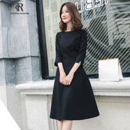 clotho Rennie品牌女裝連衣裙女2025年春秋新款修身顯瘦中袖收腰顯瘦黑色裙子 黑色 S