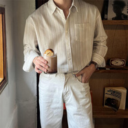 花花公子（PLAYBOY）條紋長(cháng)袖襯衫男士春秋季韓版高紋理感小眾休閑免燙垂感襯衣男 杏色 M