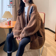 AEMAPE美式復古大版花朵針織開(kāi)衫女v領(lǐng)寬松慵懶風(fēng)加厚毛衣外套早春新款 棕色 均碼