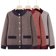 中老年媽媽外套秋冬款針織開(kāi)衫圓領(lǐng)保暖老人毛衣加絨加厚大碼外套 紅色 XL