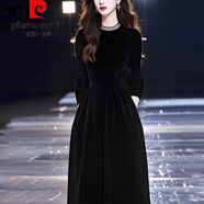 皮爾卡丹（pierre cardin）新品法式感黑色金絲絨連衣裙女秋冬季大碼歐貨配大衣內(nèi)搭打底裙子 黑色【歐洲站別致連衣裙_洋氣減齡_設(shè)計(jì)感小眾_高端 S _(建議80-95斤)