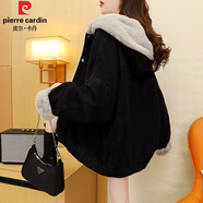 皮爾卡丹（PIERRE CARDIN）牛仔外套女秋冬加絨加厚抖音寬松保暖牛仔衣女裝夾克棉衣襖子 9860#純色款【黑色】 加絨 S 【建議80--100斤】