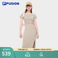 FILA FUSION斐樂潮牌女子針織連衣裙秋新款簡約修身長款裙子 灰褐卡其-DK L