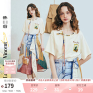 兩三事梵高文藝 弦外智音 2025夏季新款彩繩綁帶領(lǐng)印花短袖t恤女 米杏色 L
