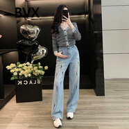 BVX套裝女2025新款高級(jí)感秋季新款長(zhǎng)袖針織開(kāi)衫牛仔褲時(shí)尚休閑兩件套 圖色 M