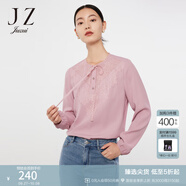 玖姿（JUZUI）蕾絲拼接氣質(zhì)雪紡衫春款女優(yōu)雅通勤系帶簡約上衣 粉紅 M