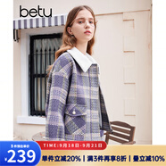 百圖betu女裝秋冬新款短外套復(fù)古格紋拼接羊羔毛領(lǐng)短外套2310T62 紫色 M
