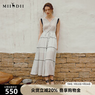 謎底條紋連衣裙女夏季新品優(yōu)雅淑女V領荷葉袖長裙242ML0669 本白條 2XL