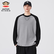 大嘴猴美式拼接圓領(lǐng)長(cháng)袖T恤男士春秋季新款潮牌簡(jiǎn)約寬松休閑百搭打底衫 麻灰黑色 【秋季新品】 L 【建議120-140斤】